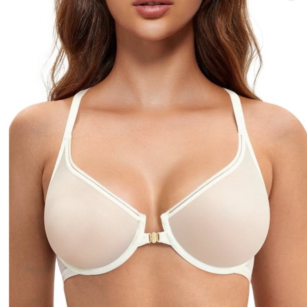NWT ~ Women's Ivory Front Closure Sheer Racerback Unlined Underwire Bra ~ 36DD